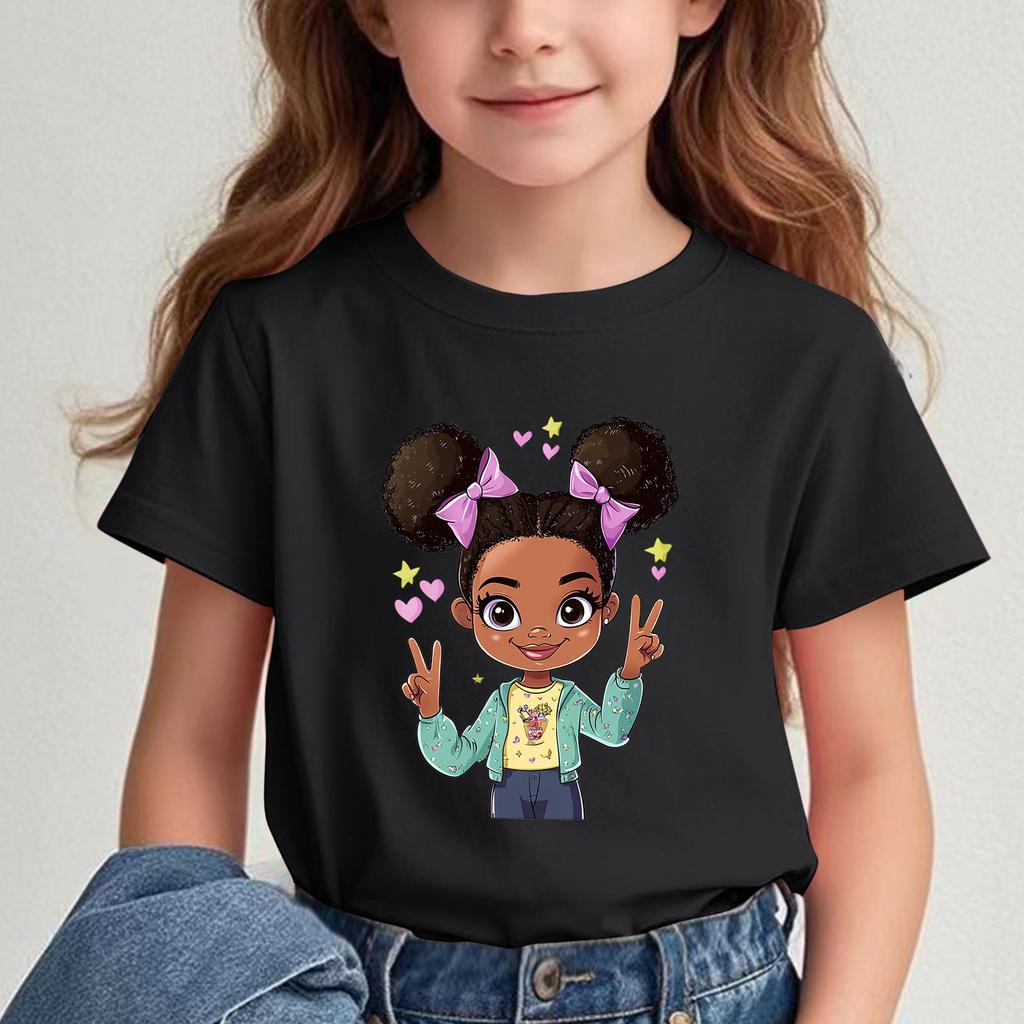 Girls New Cartoon Printed Shortsleeved Tshirt Summer Shortsleeved Tshirt Childrens Round Neck Top  polyester fabric