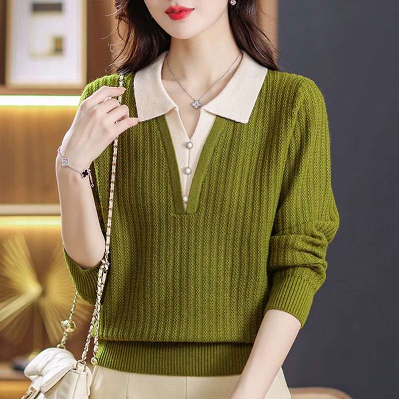 2in 1 Colorblock Collared Knitted Pullover, Casual Long Sleeve Button Front Top for Spring & Fall, Women's Clothing