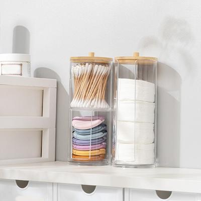 Caja de almacenamiento transparente para hisopos de algodón con tapa de madera, gran capacidad, resistente al polvo, ampliamente utilizada.