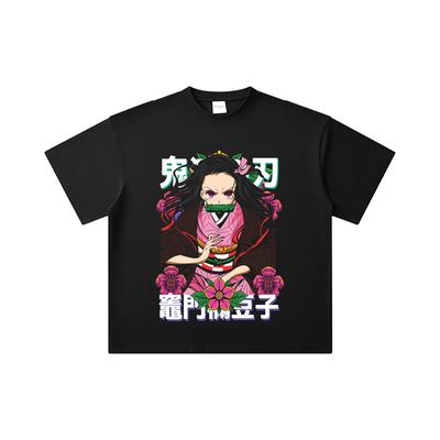 Camiseta Pesada Unisex 100% Algodón Demon Slayer V70 Estampado de Flor de Nezuko 260 GSM Hilo Doble 32 Hilos