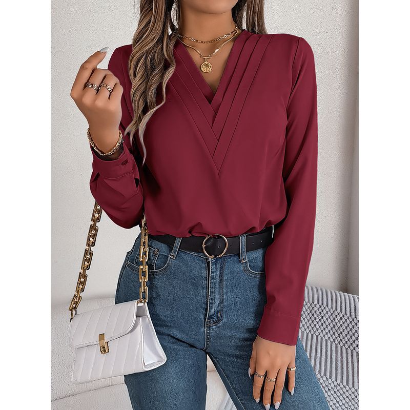 

Fall and Winter Elegance Pure Color Stacked V-neck Long Sleeve Shirt Women s Clothing Burgundy S