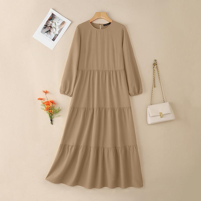 

ZANZEA Женское повседневное платье с круглым вырезом, длинным рукавом и однотонной расцветкой 5XL хаки