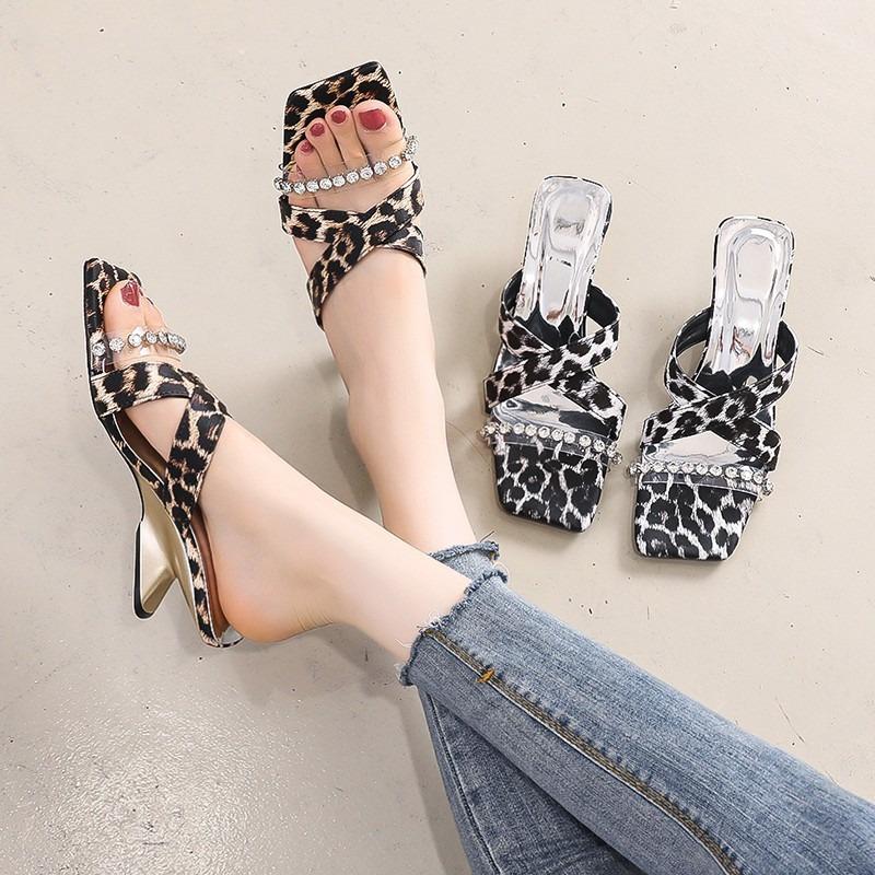 Temperament Cross-strapped Rhinestone High-heeled Slippers Summer New Special-shaped and Leopard Print Cool Slippers Women
