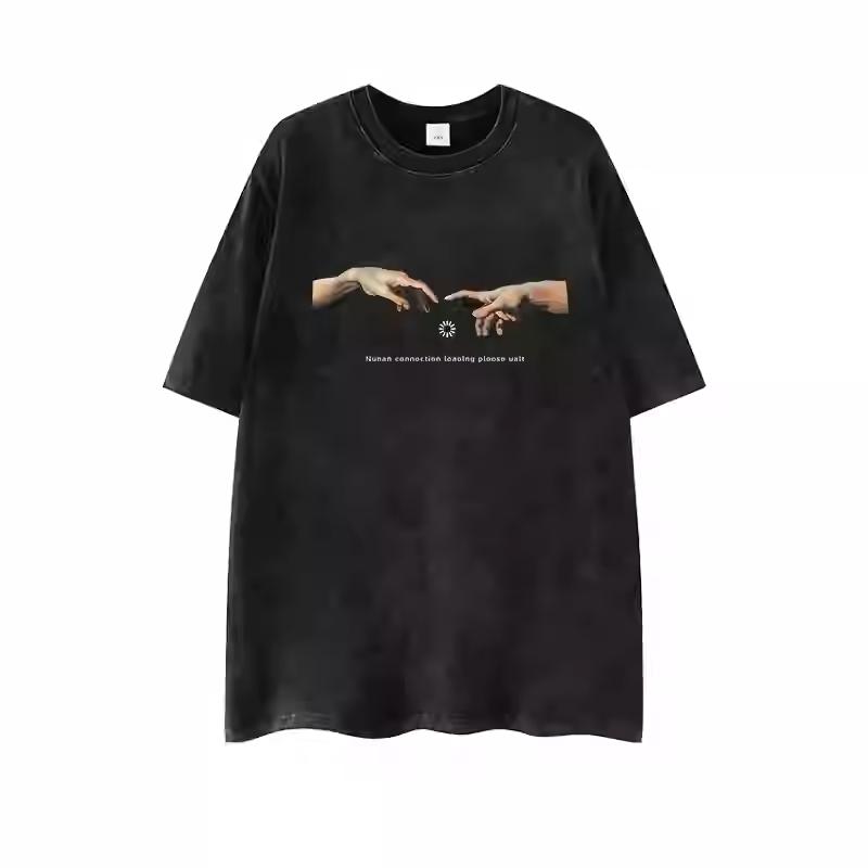 European  and  American  Street  Vintage  Dark Hiphop  Finger  Wash  To Do Old Short  Sleeve Hiphop Loose T-shirt