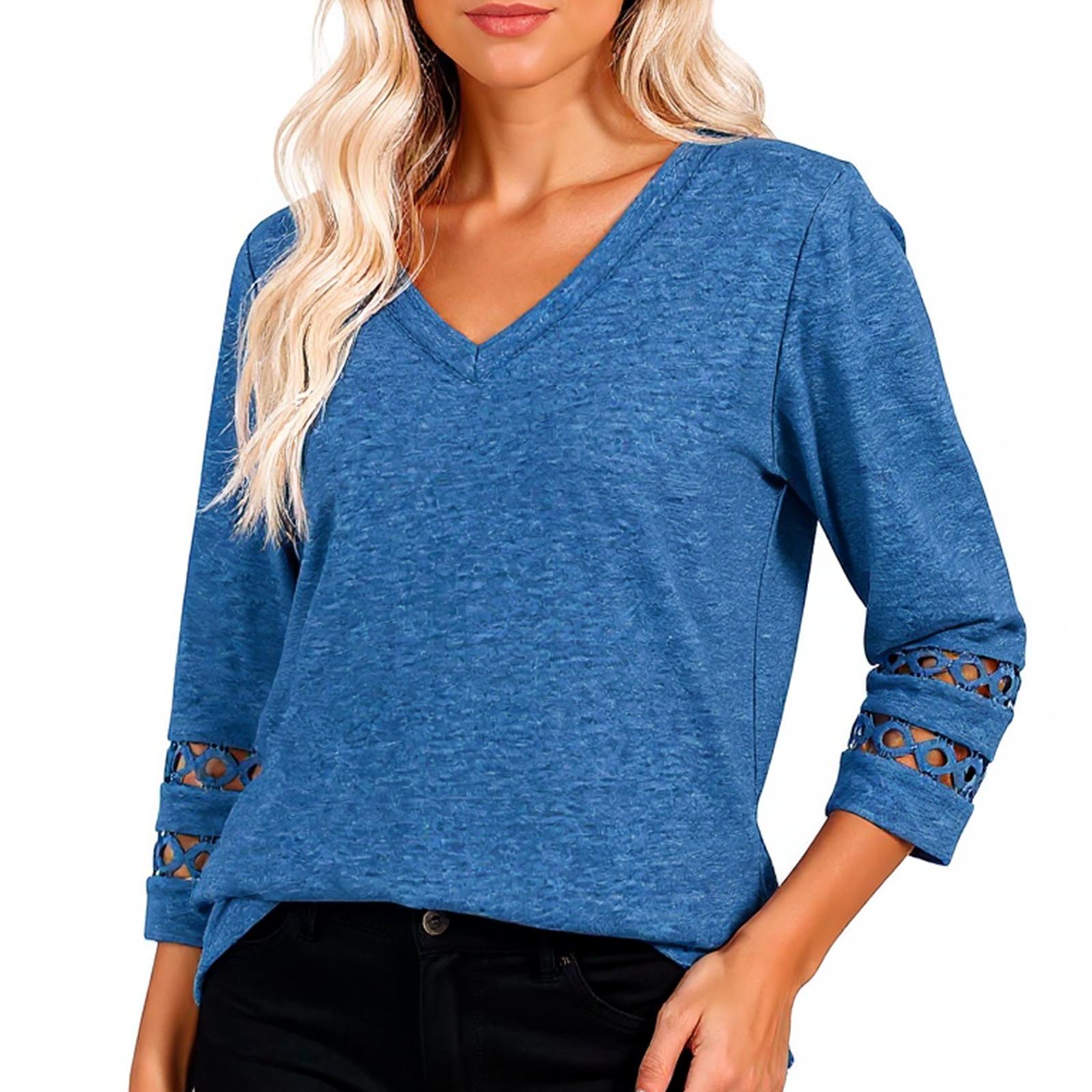

Women s Fashion Patchwork Loose V-neck Seven Quarter Sleeve Knitted Sweater Casual Hollowed Out Top XL синий