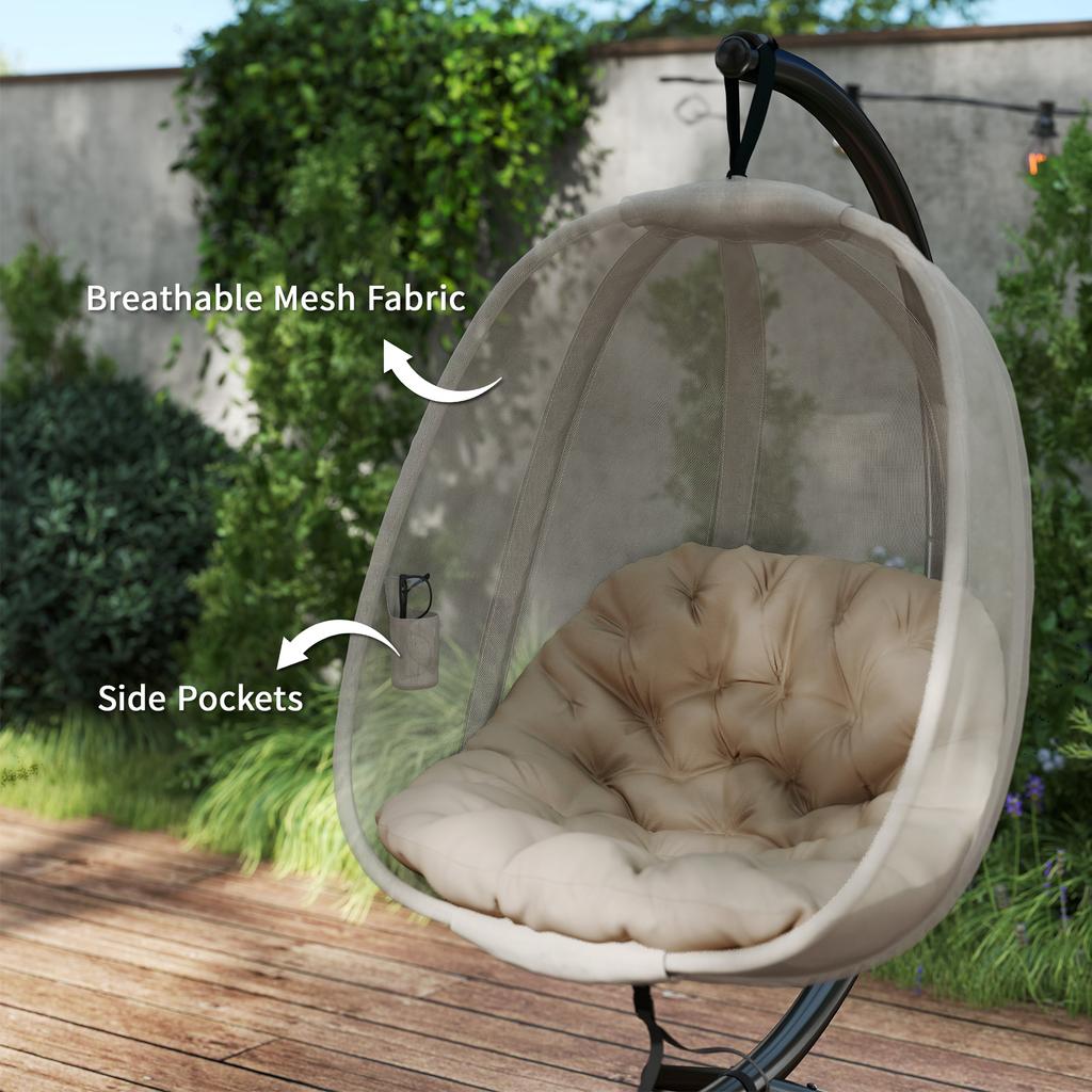 Hanging Egg Chair, Folding Texteline Swing Hammock with Side Pocket, Cushion and Stand for Indoor Outdoor, Patio Garden Furniture, Khaki