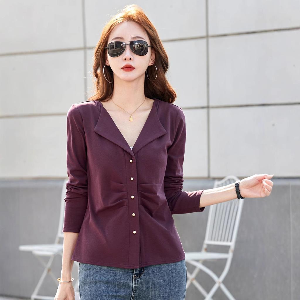 Cotton T Shirt Office Woman Spring Casual Long Sleeve Lapel T-shirt Autumn Loose Korean Style Plus Size Female Shirts