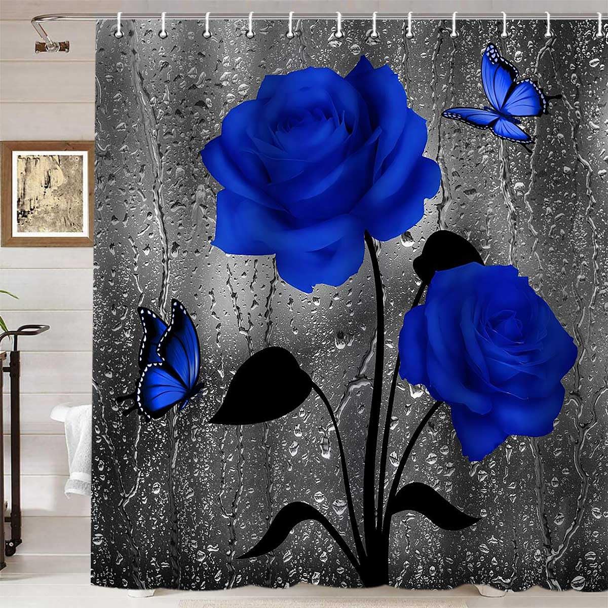 

Royal Blue Rose Shower Curtain Floral Raindrops Blooming Flower Butterfly Romantic Valentine Modern Bathroom Decor Hooks W60H190(CM)-1 Pcs
