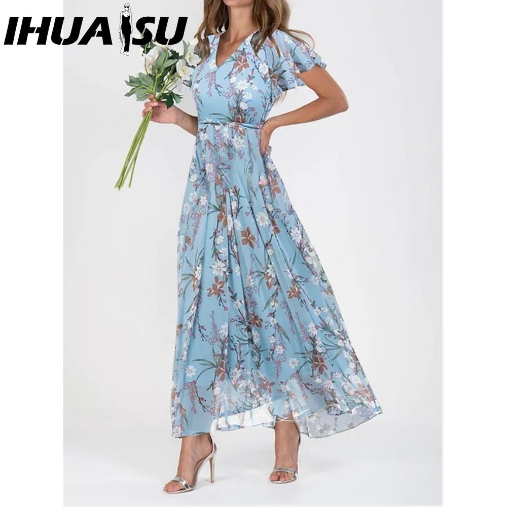 IHUASU Φόρεμα Μακρύ με Βολάν Λαιμόκοψη V 6 Χρωμάτων Κοντομάνικο Εφαρμοστή Μέση Ψηλόμεσο Αέρινη Ποδιά Χαριτωμένο Φλοράλ Σιφόν Φόρεμα Γυναικεία Ρούχα