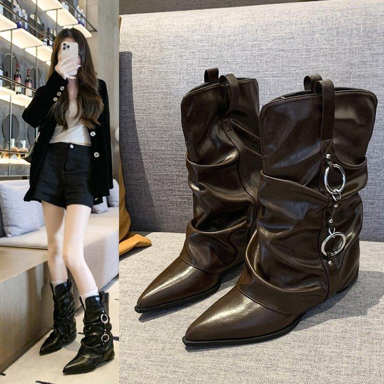 [All Girls' Shoe Cupboard] Autumn and Winter 2025 Pointed Pleated Pants Boots Double Buckle Thick-soled Versatile Boots