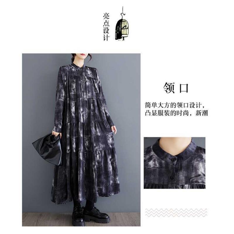 Nowe Sukienki w Dużym Rozmiarze, Luźne, Cienkie, Modne, z Długim Rękawem, Drukowane, o Długości Midi