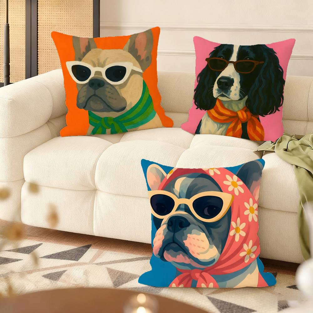 Animals Wearing Bandanas Cushion Cover Silky Short Plush Home Sofa Cushion Cover - Invisible Zipper Home Decoration