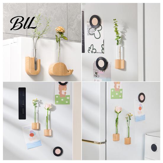 Glass Test Tube Planter Fridge Magnet Vase Clear with Wooden Base Non-drill Magnetic Mini for Flowers Herbs Refrigerator Kitchen Decor Decoration