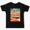 Red and White Color Retro Futuristic Car and an Extraterrestrial Desert Landscape At Evening with Starry Sky Kids T-Shirt