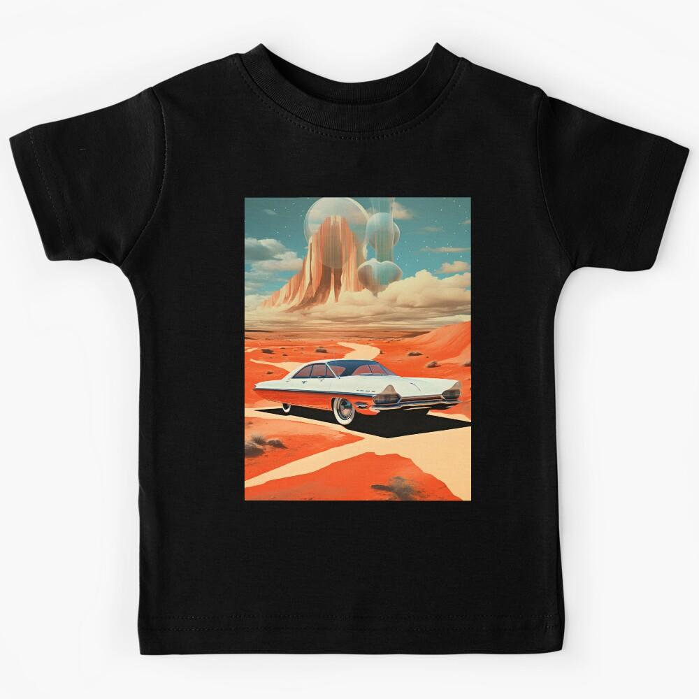 Red and White Color Retro Futuristic Car and an Extraterrestrial Desert Landscape at Evening with Starry Sky Kids T-Shirt 140