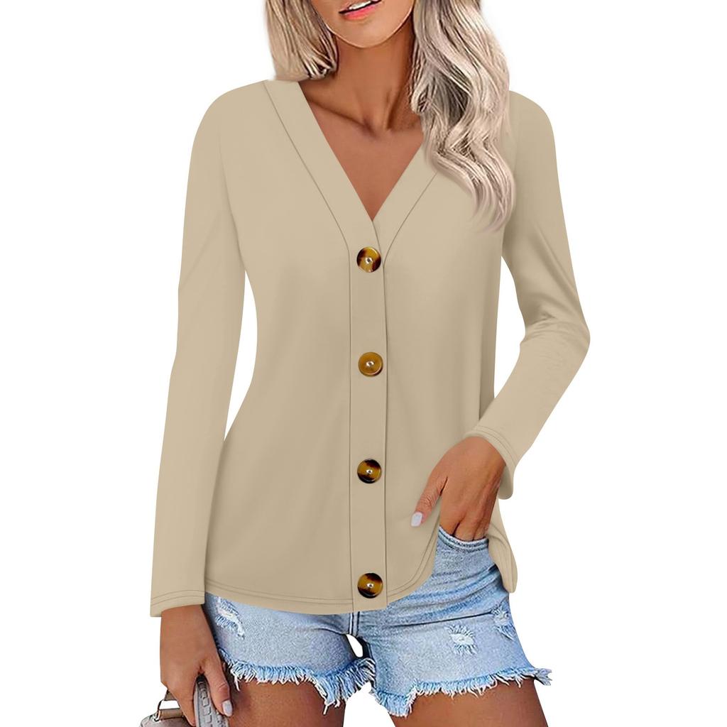 Women's Fashion Casual Solid Color Button-down Shirt Long Sleeve Tops