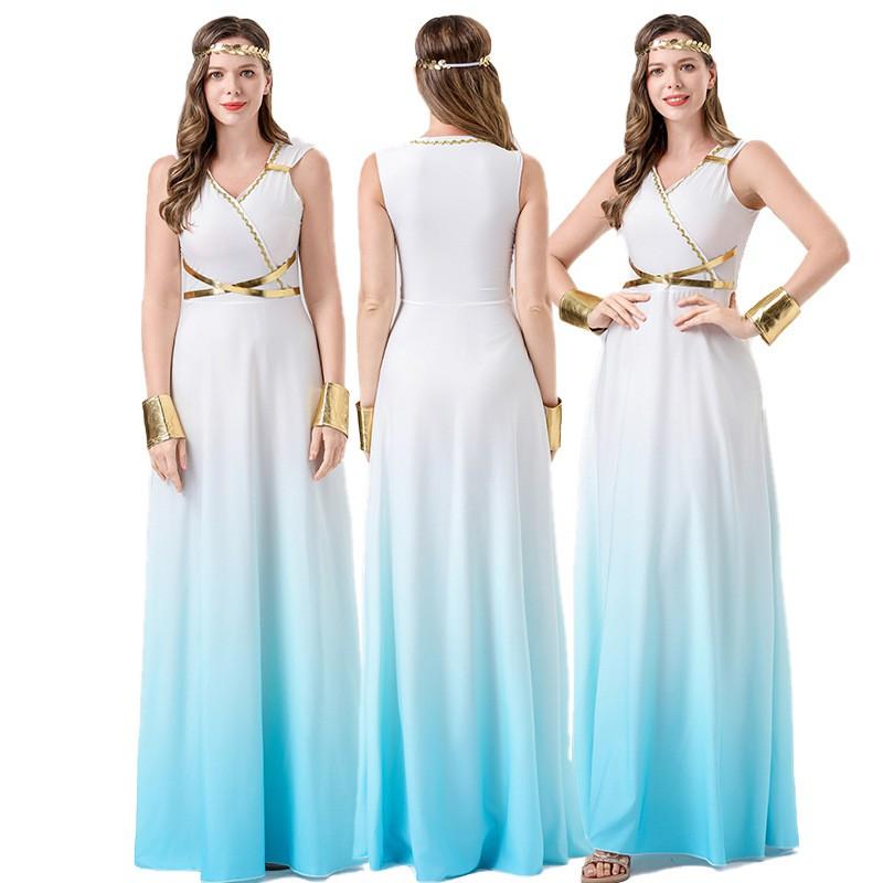 Halloween Costume Women Gradient Blue White Greek Goddess Dress Egyptian Inspired Cosplay Gown