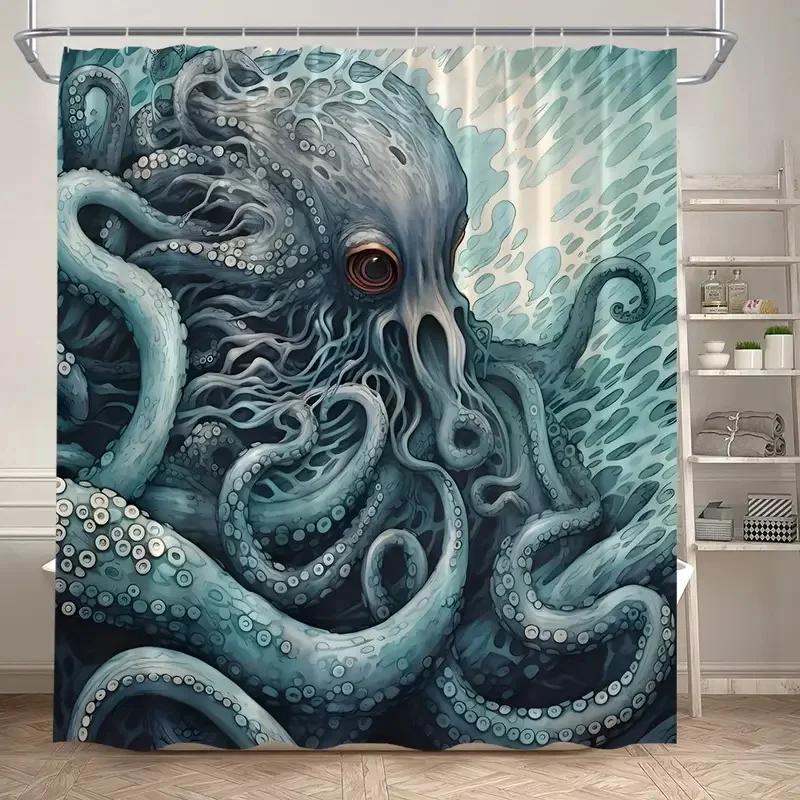 Vintage Nautical Octopus Waterproof Shower Curtain Navy Blue Mermaid Fun Ocean Sea Monster Bath Shower Curtain Anchorage Map