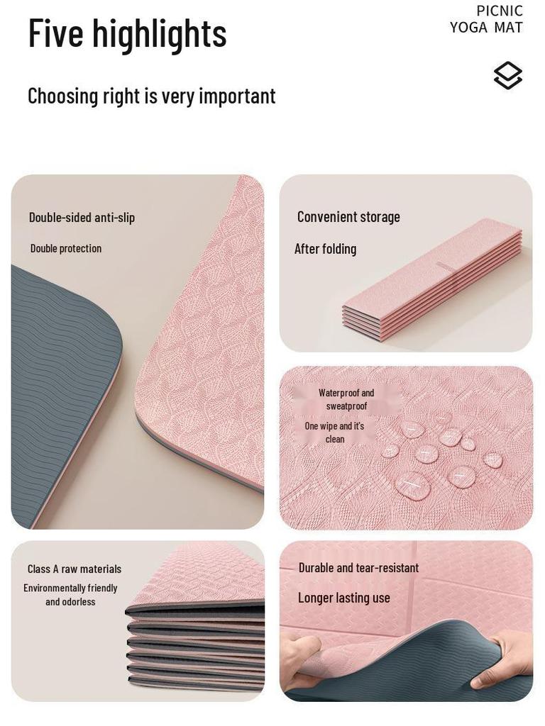 Foldable Non-Slip TPE Yoga Mat - Odorless Professional Exercise & Lunch Break Mat