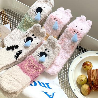 Non-shedding Coral Fleece Socks for Women, Warm Floor Socks for Autumn and Winter, Cute Slug Cartoon Thickened Fleece Mid-calf Socks