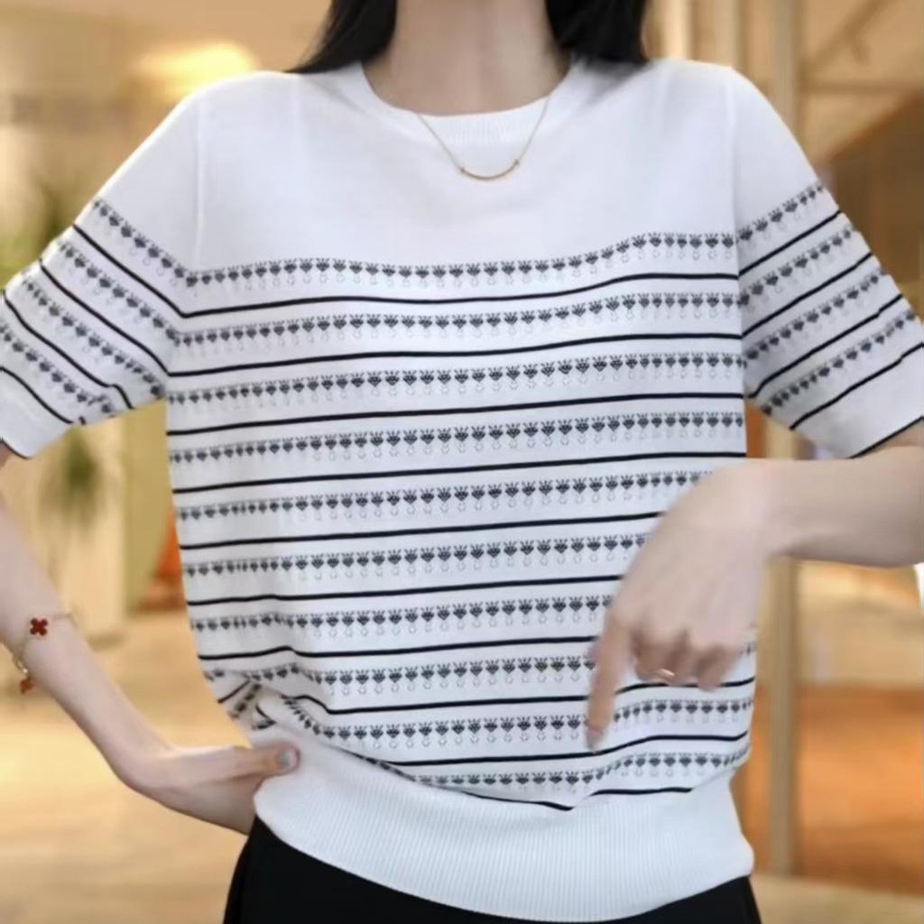 Women's Striped Knitted Shirt Ice Silk Short Sleeve T-shirt Summer Loose Top