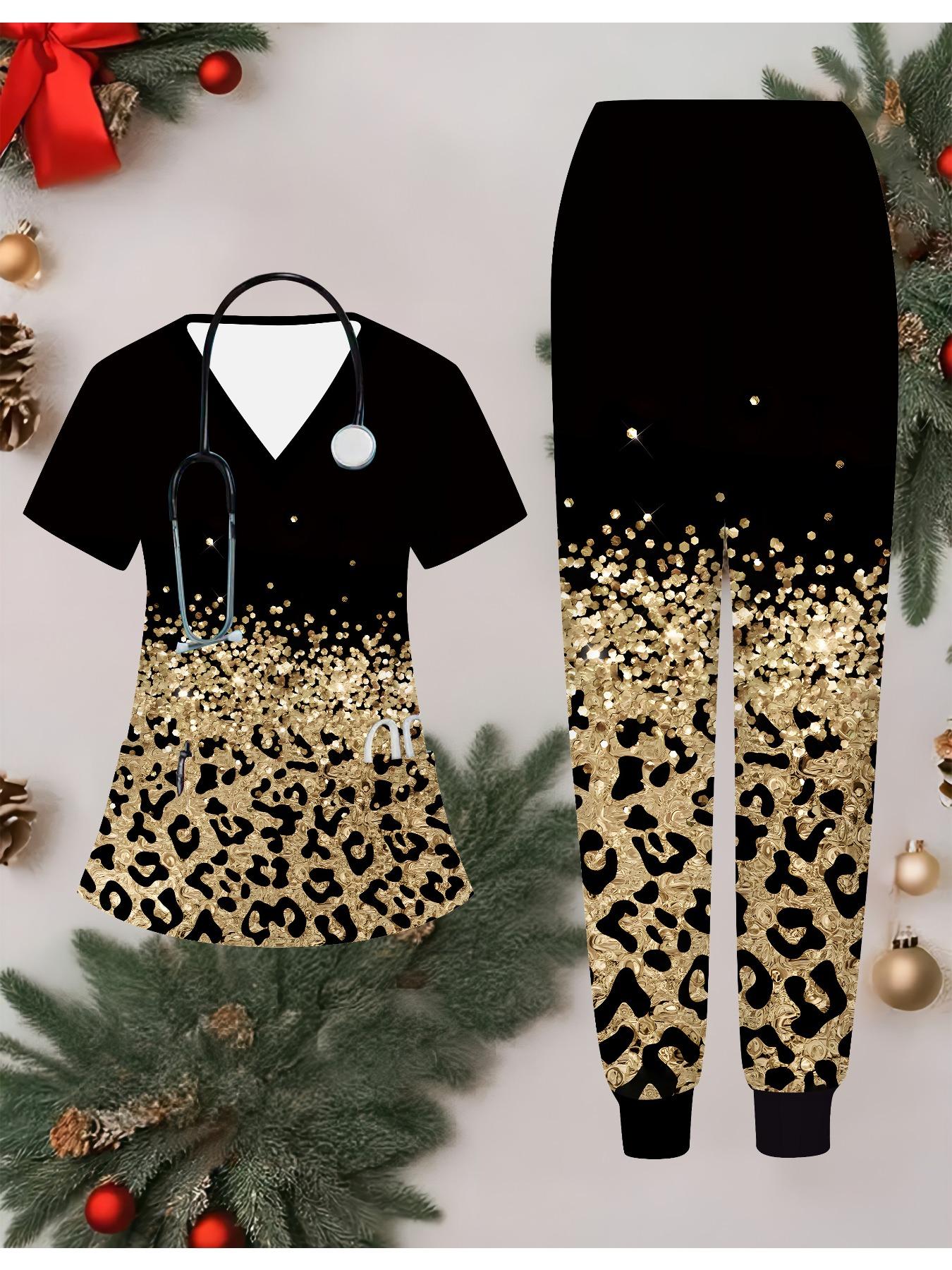 

Комплект женской медсестры с 3D принтом леопарда, короткий рукав, длинные брюки с карманом, повседневный, модный, рождественский подарок XXL коричневый