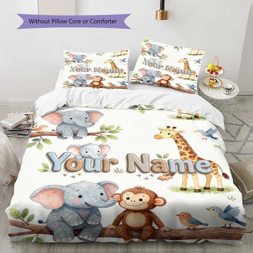 Custom Name,Cute Safari Animal Series Pattern Bedding Home Decoration Birthday Gift ( 1 Duvet Cover + 2 Pillowcase, Without Core),fan Merchandise.