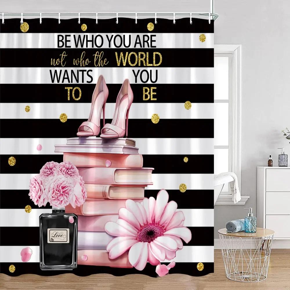 Pink Perfume Shower Curtain Cosmetic Lip Flower Panther Pattern Bathroom Decorations Shower Curtain