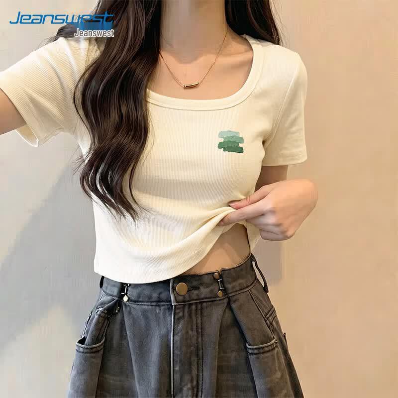 Jeanswest Women s Slim Fit Square Neck Oil Painting Gradient T-Shirt L