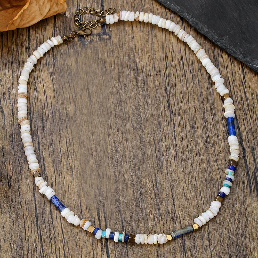 

Natural Stone Shell Bead Necklace With Stainless Steel Olink Chain For Summer Fashion белый