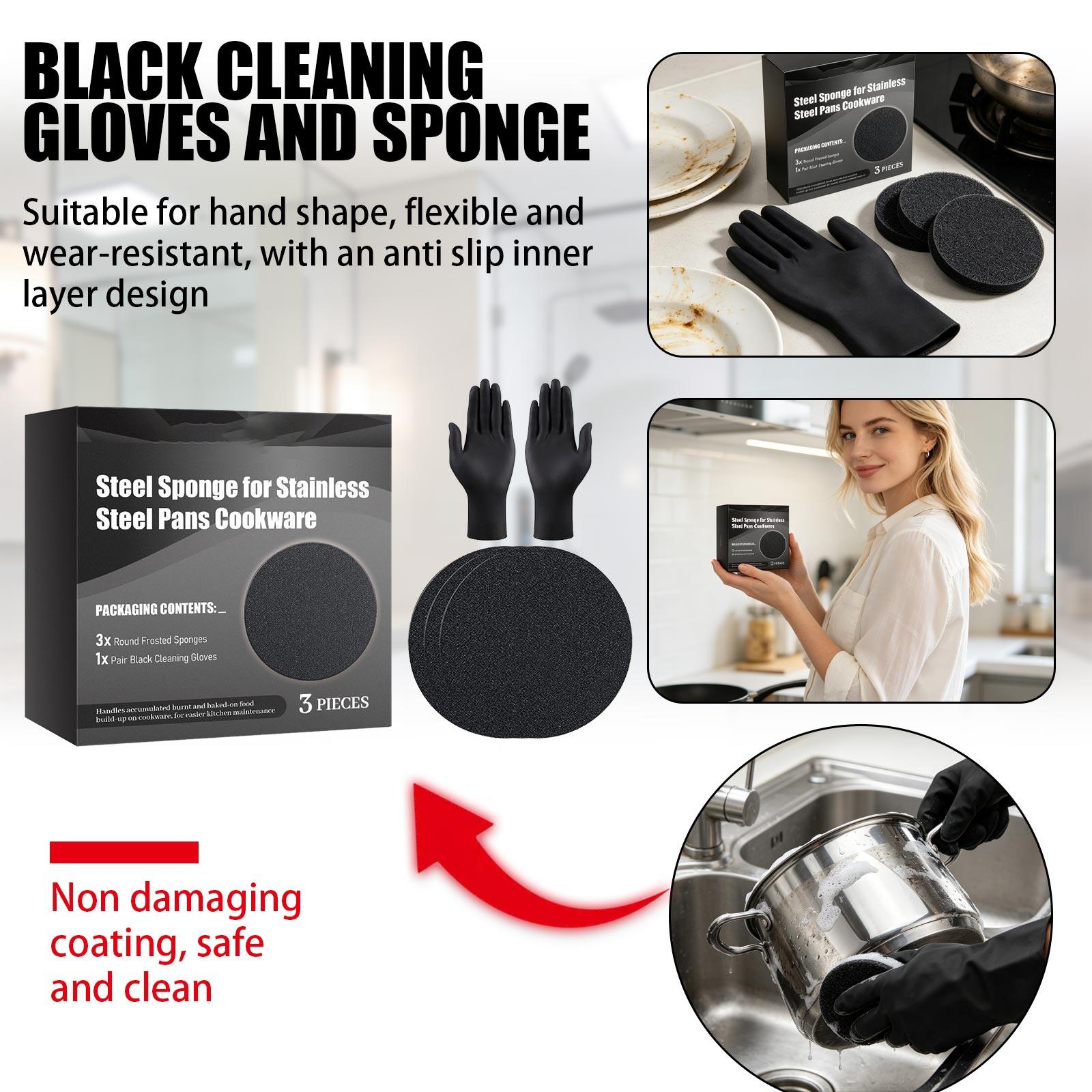

Steel Sponge for Stainless Steel Pans Cookware 3 Pieces Round Frosted Sponges with 1 Pair Black Cleaning Gloves Durable Kitchen Scrubber Tool One Size чорний