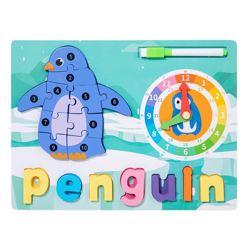 

Non-Toxic Montessori Educational Toys 2 In 1 Wooden Drawing Spelling Board Animal Time Clock Cognition Game Children For Kids Early Learn