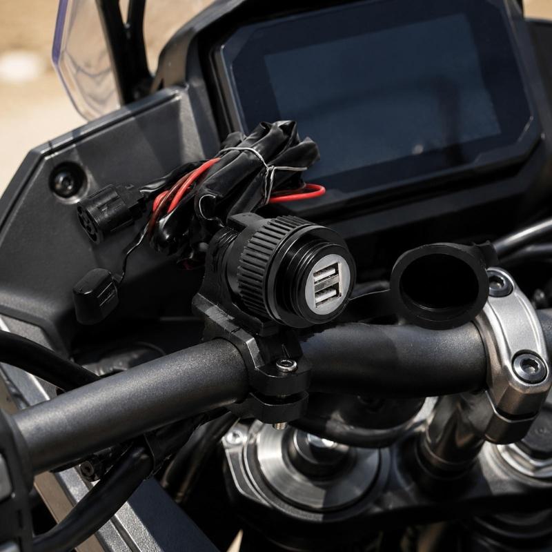 Motorcycle USB Power Outlet with Two Ports and Attached Cover for CRF300L CRF250L XL750Powering Phones, Navigation Devices, and Action Cameras On