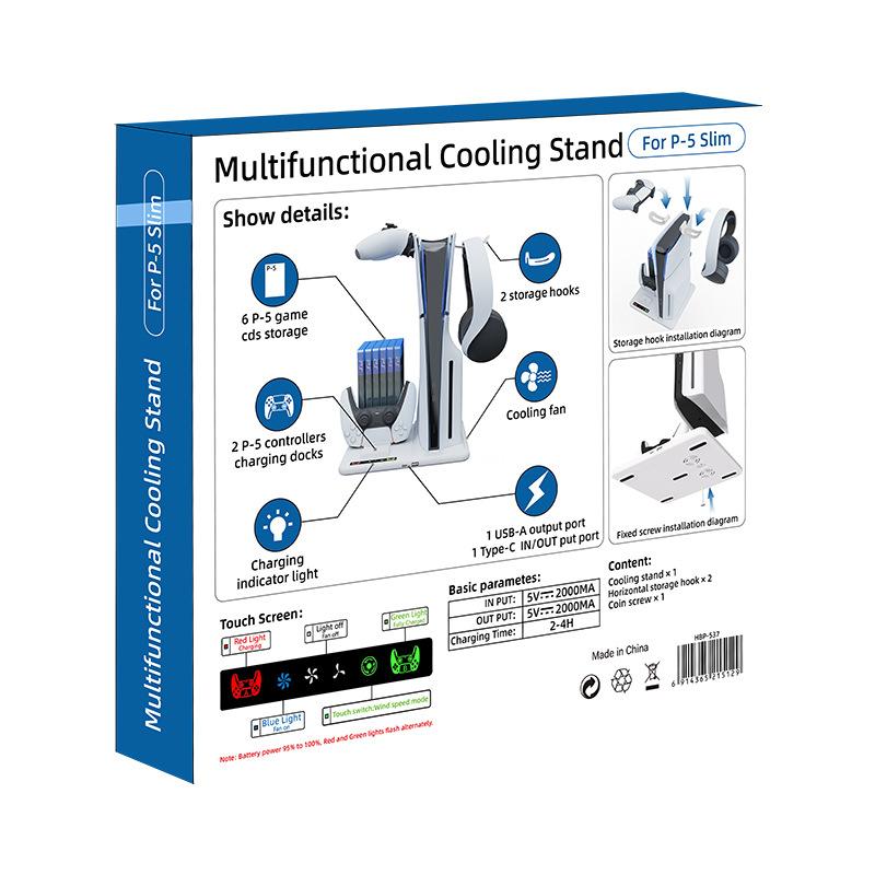 PARA PS5 Slim con estación de carga y soporte de almacenamiento para 8 juegos con ventilador de refrigeración y estación de carga para controlador PS5