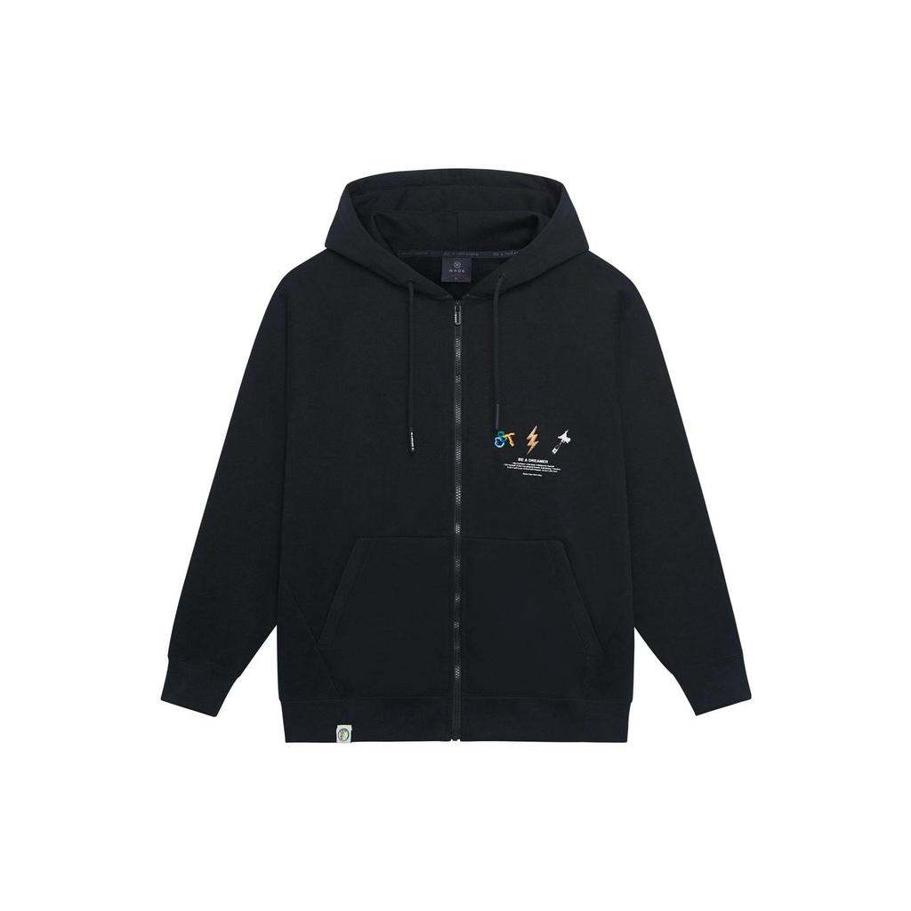 Li-Ning Solid Color Zip-Up Hoodie With Letter Print and Drawstring Unisex Hoodie Black AWDSI35-1