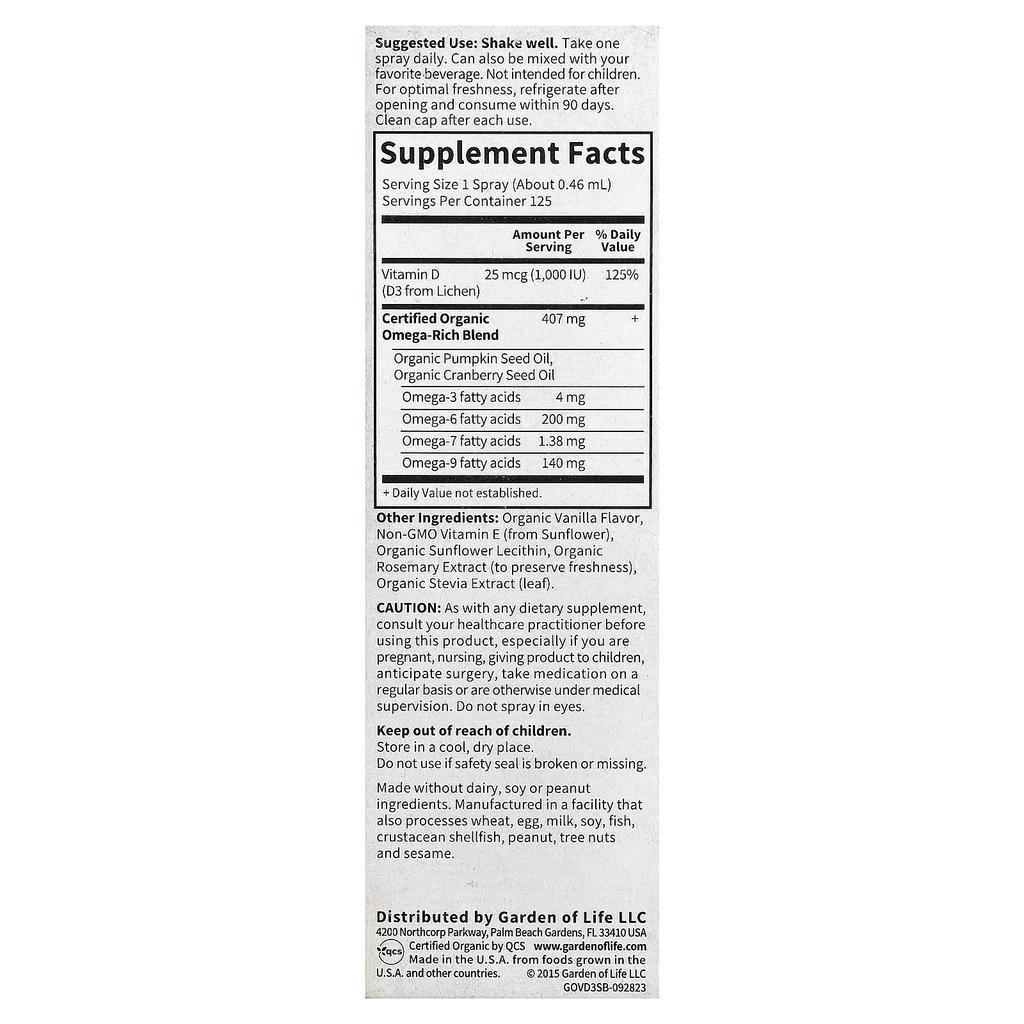 Mykind Organics, Vegan D3 Organic Spray, Vanilla, 25Mcg(1,000Iu), 58Ml(2Fl Oz)