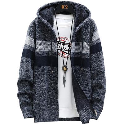 Winter New Men's Long Sleeve Hooded Casual Jacket Zip Hooded Striped Jacket