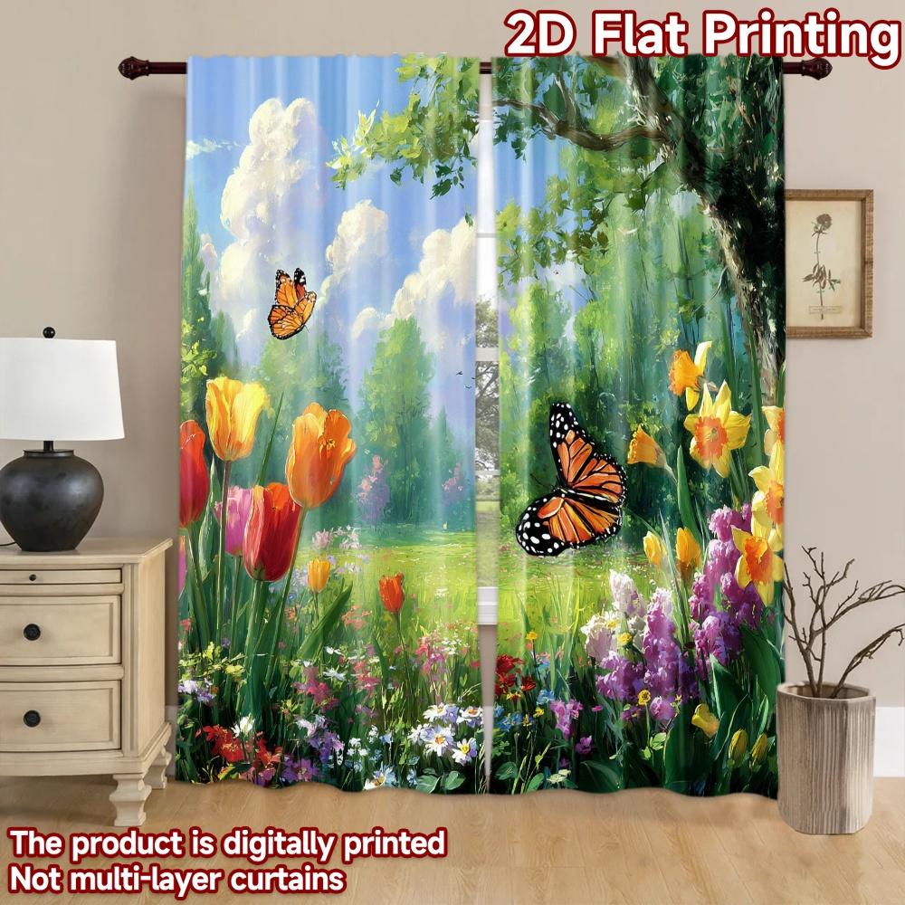 2D flat printing 2pcs Drapes Beautiful Butterfly Garden Flowers Digital Printed Polyester Drapes Festive Wall Decor for Entryway