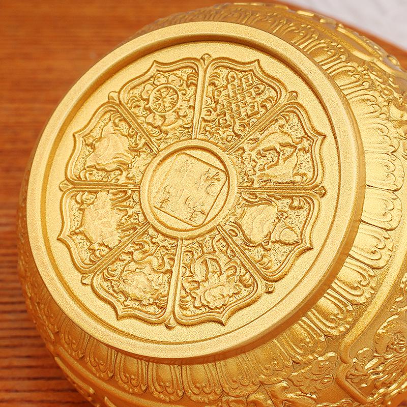Brass Dragon and Phoenix Treasure Pot - Gold Eight Treasures Copper Bowl Ornament