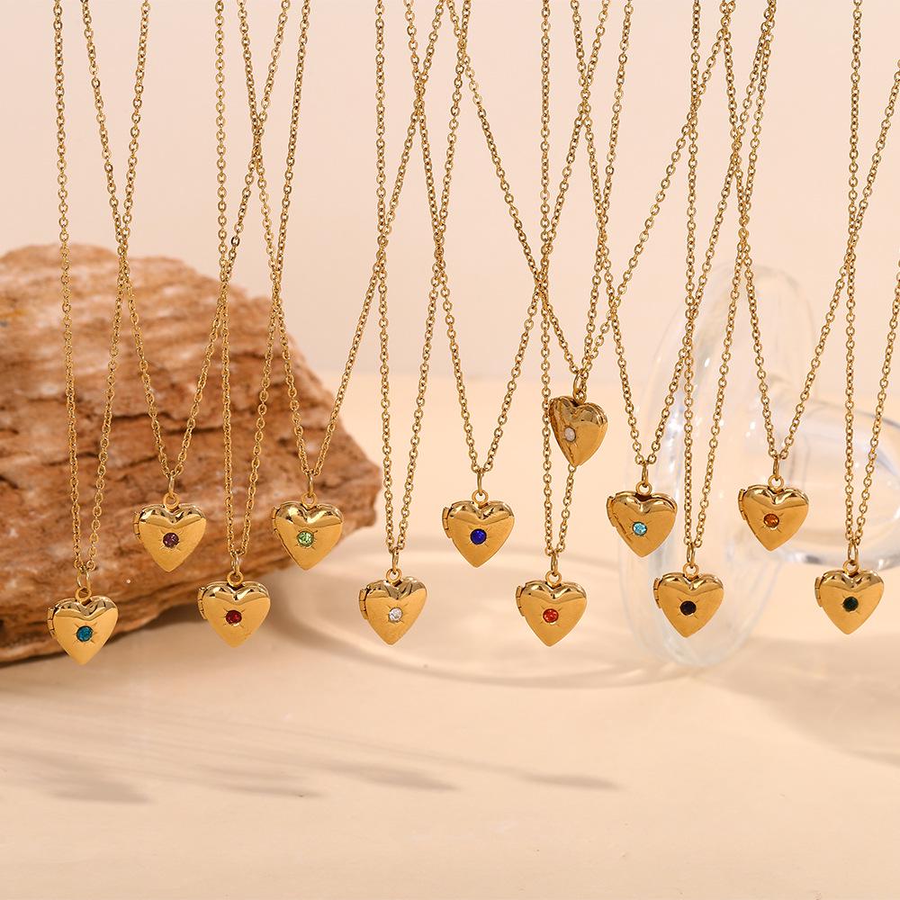 18K Gold-Plated Stainless Steel Heart Locket Necklace with December Birthstone in European and American Simple Niche Design Style