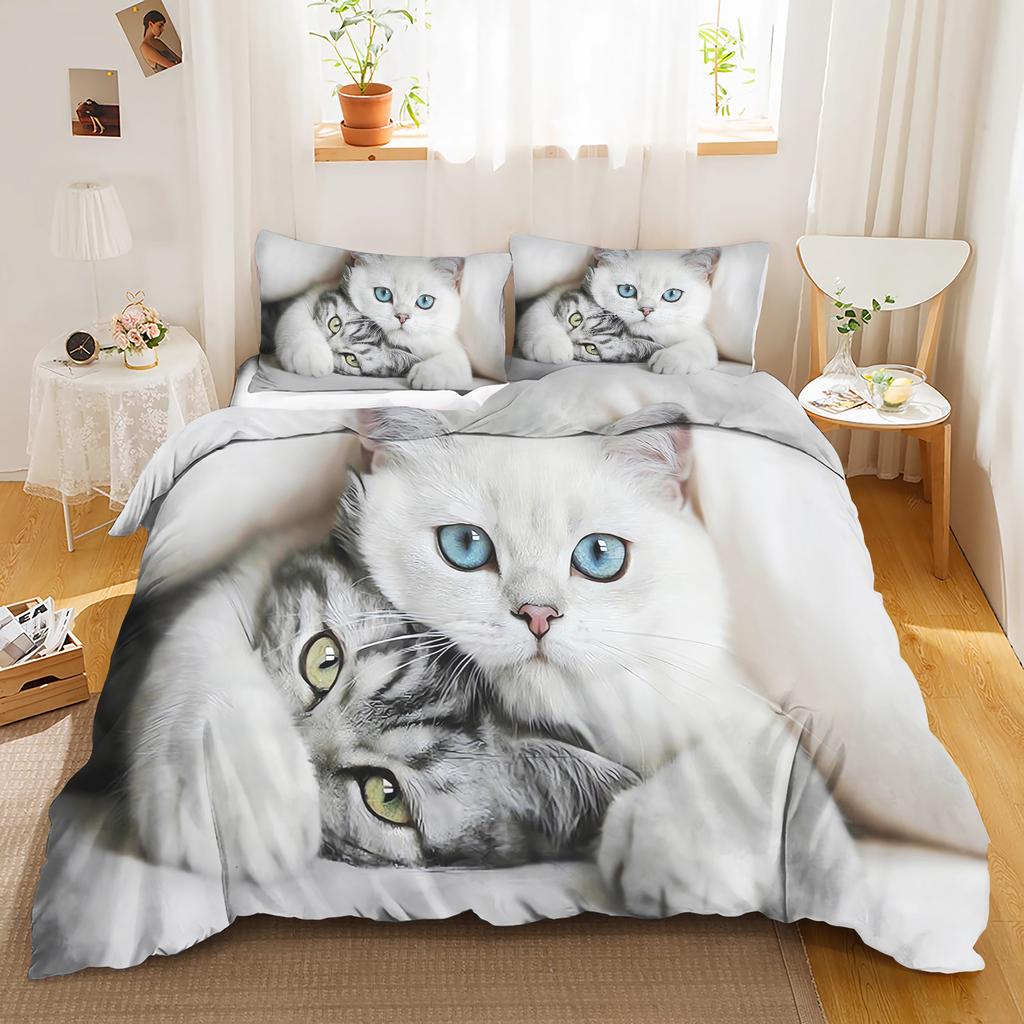 Cat, Animal Bedding Set black Anime 100% Polyester Duvet Cover Set Printed Cartoon Home Decor