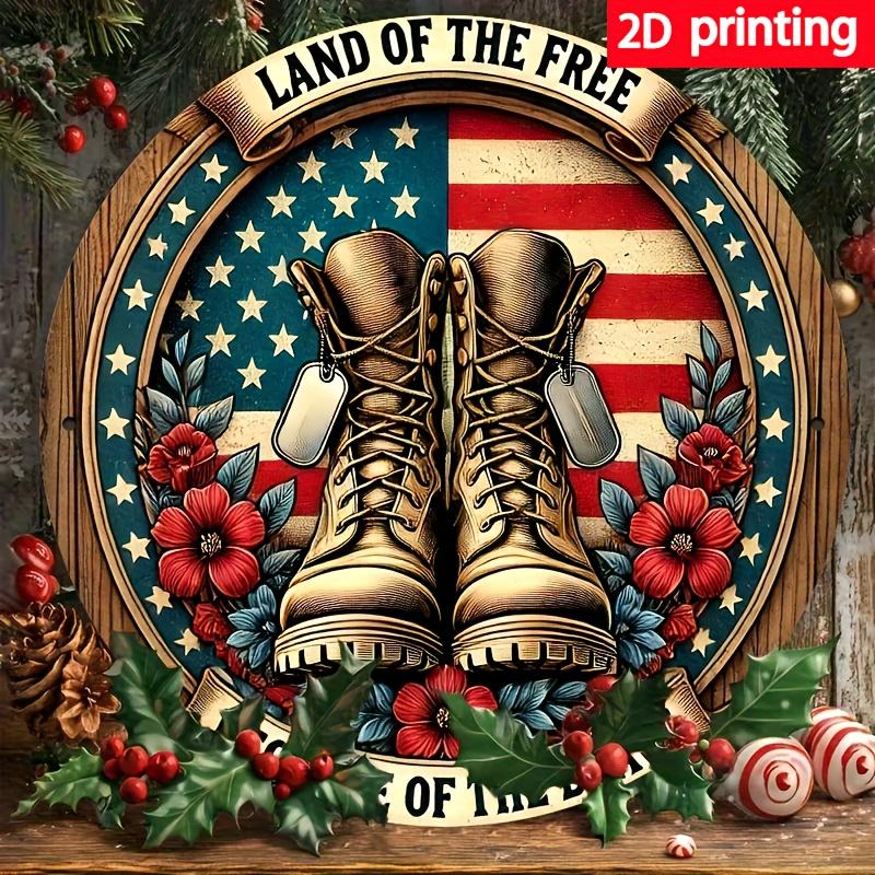 HD Tin Sign Land Of The Free Military Boots Round Metal Wall Art Patriotic US Flag Veteran Decor for Home