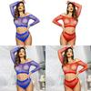 Women Sexy Mesh Lingerie Fishnet Babydoll Bodysuit Long Sleeve See Through Shirts 2Piece Lingerie Set Stripper Outfit