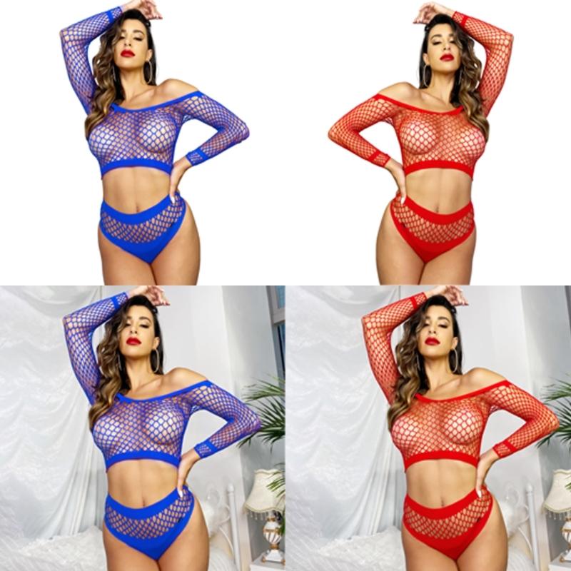 Women Sexy Mesh Lingerie Fishnet Babydoll Bodysuit Long Sleeve See Through Shirts 2Piece Lingerie Set Stripper Outfit