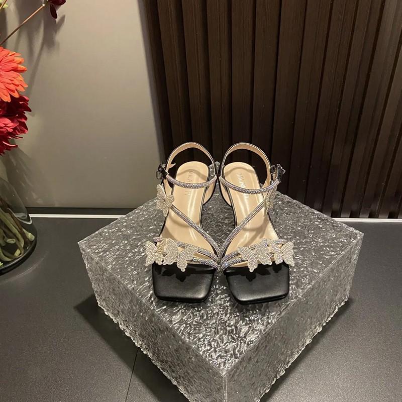 2024 Rhinestone Butterfly French Summer Sandals Women's 2024 New Summer Outer Wear Feeling Not Tired Feet Middle Heel High Heels