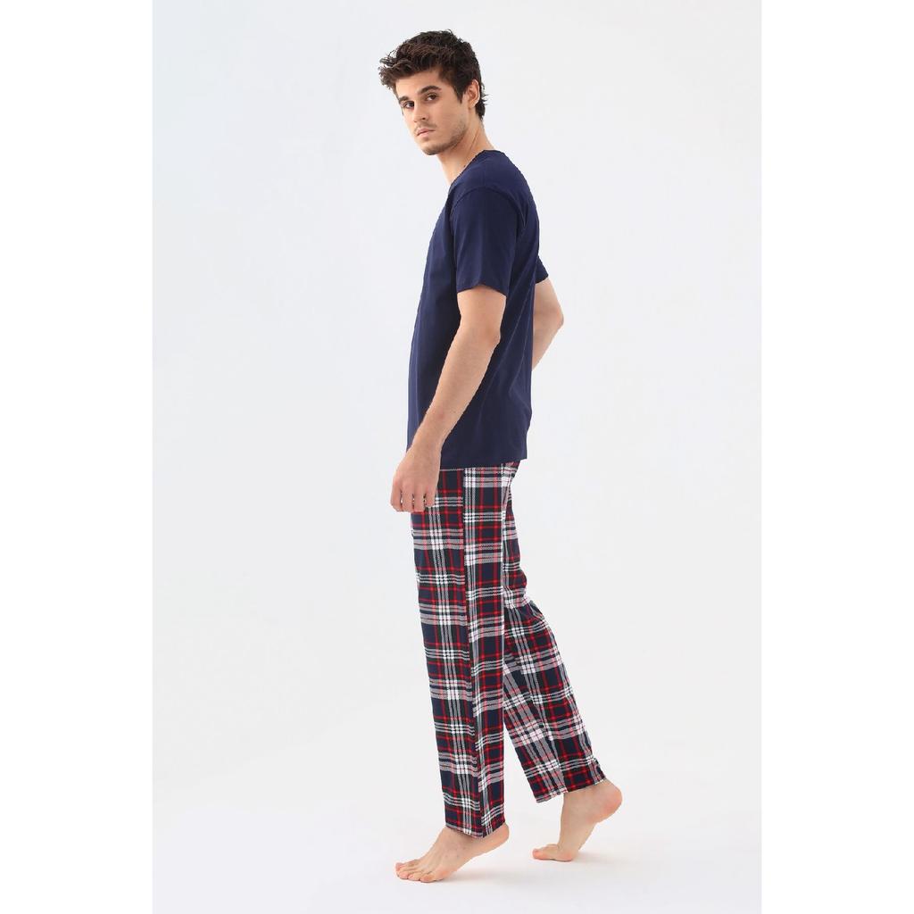 Men's Short Sleeve Plaid Patterned Cotton Pajama Set