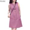 Women Casual Round Neck Solid Color Sleeveless Dress