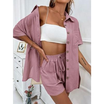 Fashion Shorts,Two Piece Solid Color Shirt Suit,Casual Loose,Short Sleeve Single Breasted Womens Dresses