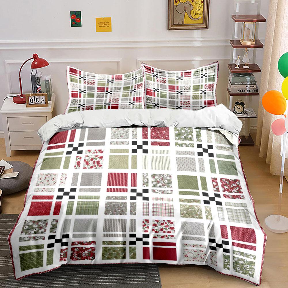Vintage Red Green Floral Patchwork Quilt Bedding Set Country Plaid Dot Stitch Grid Print 1 Duvet Cover And 2 Pillowcase Gift
