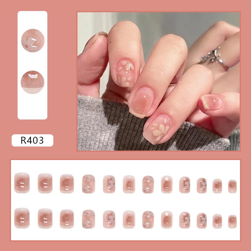 

Wear nail short removable finished product, no carving and grinding, nail patch powder through flowers, girl cute and white